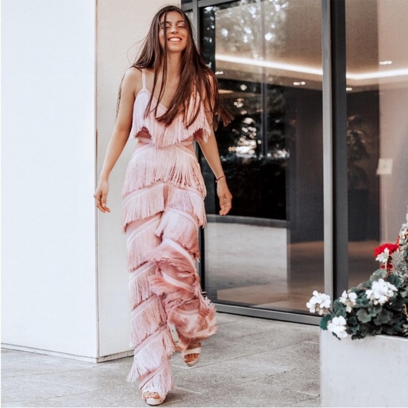 Limited edition HOUSE OF CB ‘Marcella’ Pink Fabulous Fringe Sheer Jumpsuit NWOT - Picture 5 of 14